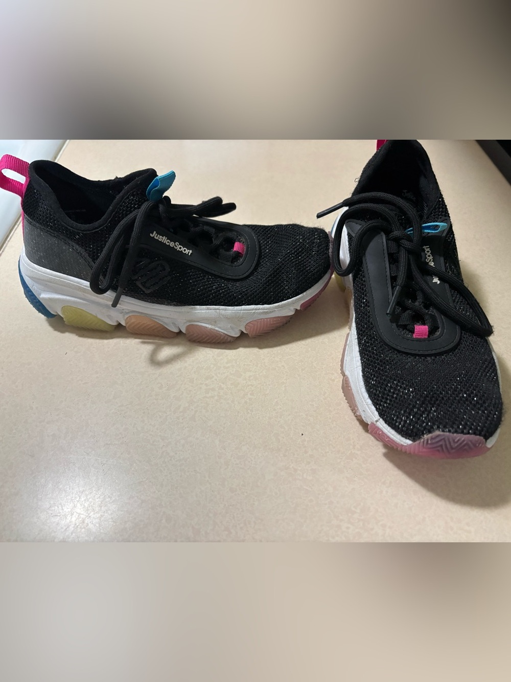 Justice Sport Kids Black Mesh Sneakers with Pink and Blue Accents